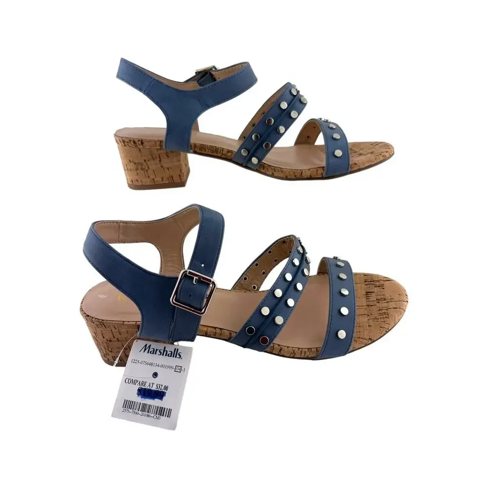 Restricted Studded Block Heel Sandals Size‎ 8M Cork Open Toe Blue Casual Summer